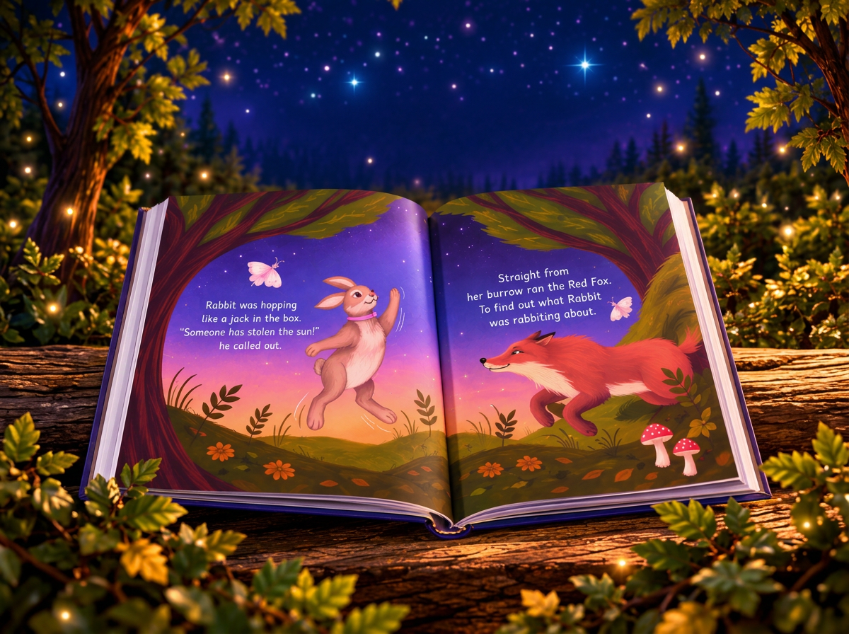 Open storybook spread showing Rabbit alerting the Red Fox beneath a starry forest sky